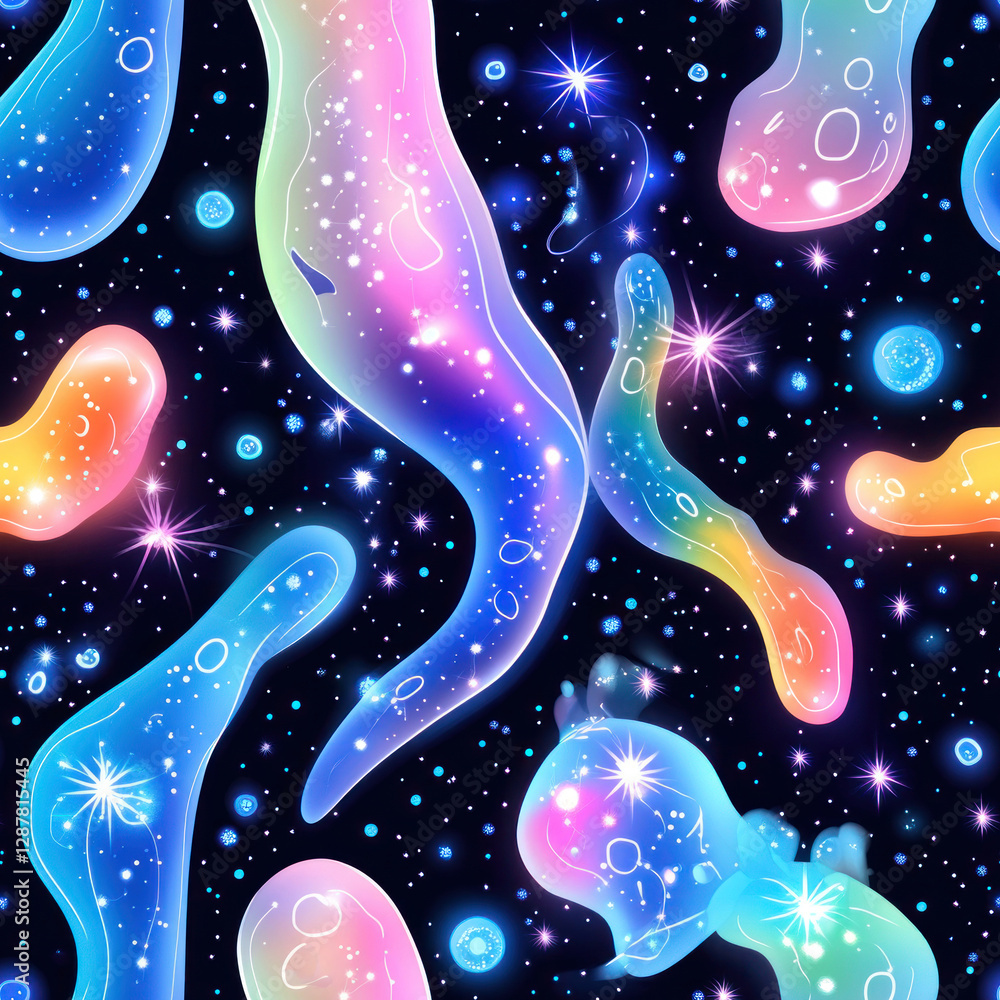 Poster gradient blobs floating amidst stardust in an interstellar black space background