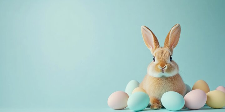 Cute rabbit surrounded by pastel colored eggs on blue background