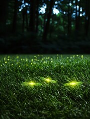Naklejka premium Magical fireflies dance in lush forest grass nighttime nature photography enchanted atmosphere