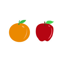A red apple and an orange with green leaves