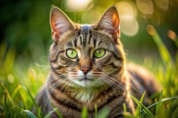 Obraz premium Close-up of a tabby cat in a grassy field