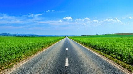 Fototapeta premium Wide road into distance, flanked by green fields and blue sky. High-definition, horizontal composition. Serene beauty.