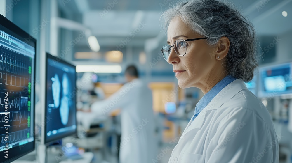 Poster female medical scientist analyzing patient data and health metrics in modern laboratory environment 