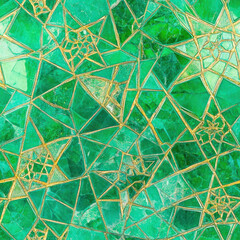 Green and gold mosaic tile pattern. Triangular fractured glass with gleaming golden seams in repeating background