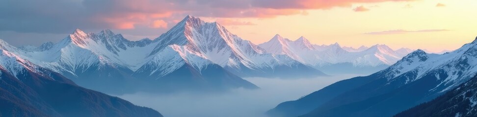 Fototapeta premium Majestic snow-capped mountain ranges at dawn with soft sunlight filtering through the clouds, natural, peaks, misty