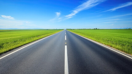 Fototapeta premium Wide road into distance, flanked by green fields and blue sky. High-definition, horizontal composition. Serene beauty.