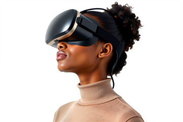 VR headset portrait of African American woman isolated on transparent background. Studio shot for technology, metaverse, gaming, UI design, and digital innovation concepts.