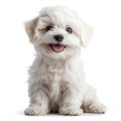 Obraz premium Adorable Maltese puppy with fluffy white fur sitting on a white background looking at the camera with a cute expression