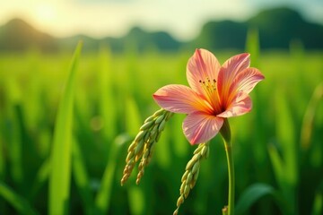 Obraz premium Rice flower blooms on the thor of mature rice plant, agricultural damage, crop health