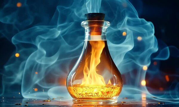 A glowing potion in a glass bottle, surrounded by smoke and sparks, evoking mystery and magic.
