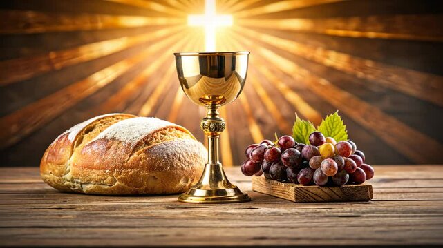 Golden chalice filled with wine, with freshly baked bread and a basket of grapes, representing the sacrament of the Eucharist, a religious tradition symbolizing faith, communion, and spirituality