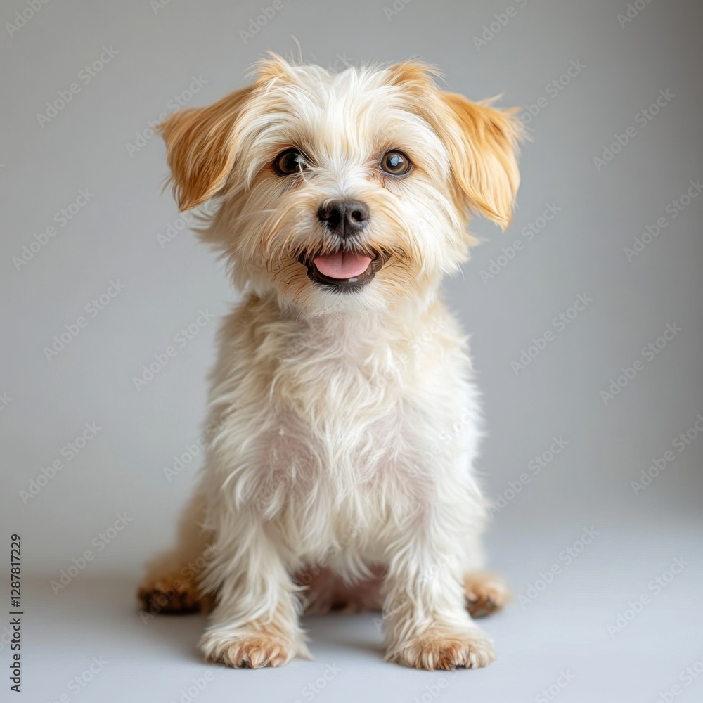 Poster adorable fluffy puppy with expressive eyes sitting pretty on a gray backdrop in a studio setting