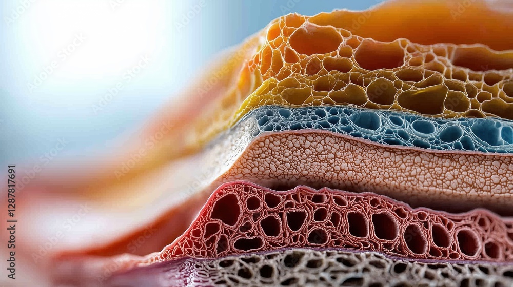 Poster close-up view of colorful biological tissue layers showing distinct textures and patterns in medical