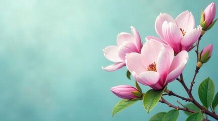 Obraz premium Delicate Pink Magnolia Blossoms on a Soft Teal Background, a Symbol of Spring's Gentle Arrival and the Promise of Renewal