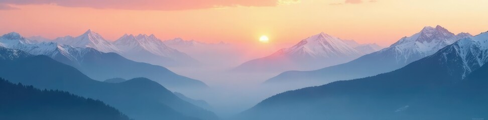 Obraz premium Soft orange glow through misty foggy mountain peaks, snow, mountains, serene