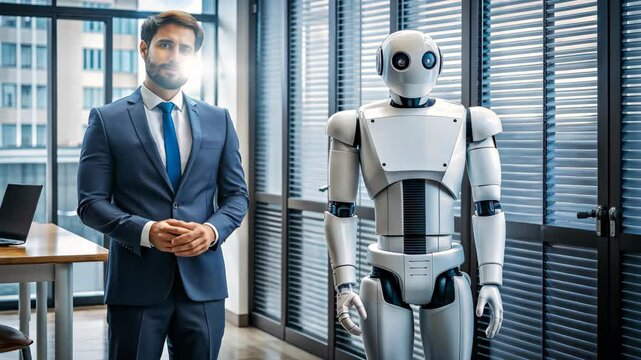 Man and AI robot standing together in an office, both professionally dressed, concept of technology, artificial intelligence, and the future of work