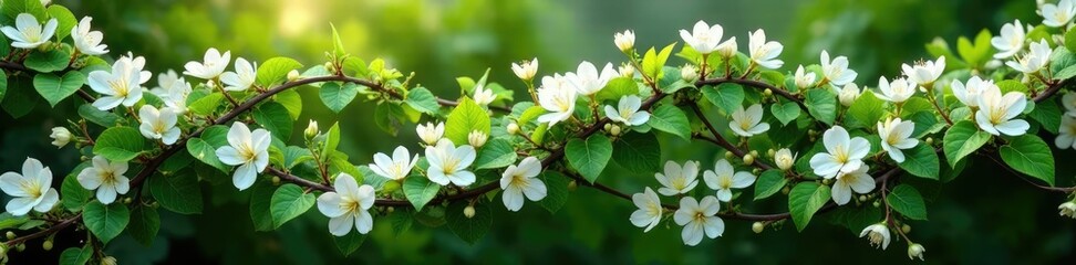 Fototapeta premium Twisted vine covered in fragrant white flowers, flowering vines, woodbine, garden filler