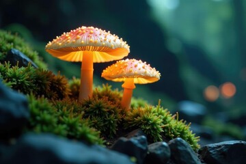 Soft luminescent mushrooms growing through rocky ground, greenish glow, subterranean, mosses