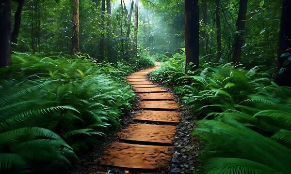 Winding Jungle Path Tranquil rainforest trail, lush foliage, misty background, nature exploration