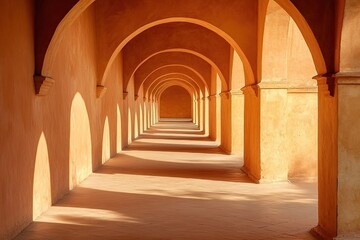Warm sunlight illuminates serene arched corridor