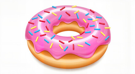 Pink frosted donut with colorful sprinkles on white background