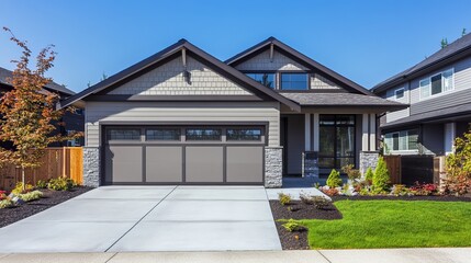 A newly constructed American home with a wide double garage door and a concrete driveway, combining functionality and modern design
