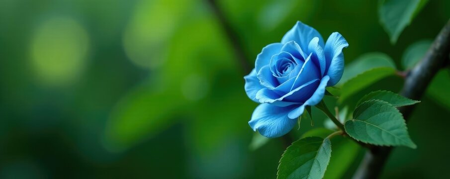 Un fleur de rose bleue se d?tache sur le feuillage vert des ?corces d'un grand arbre, d?coration int?rieure, arbustes