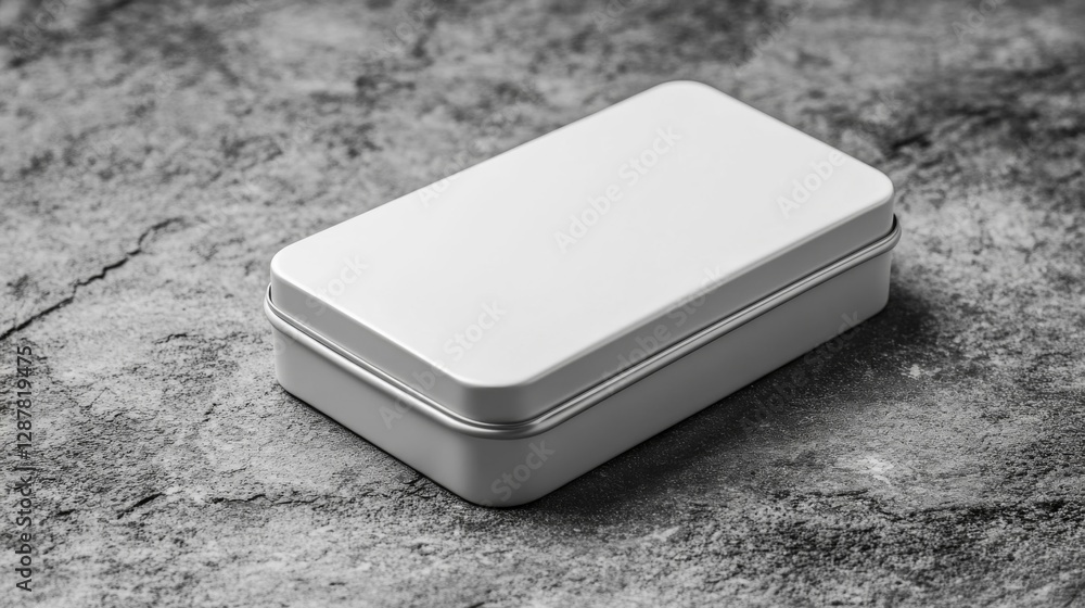 Poster white rectangular tin box on grey textured background