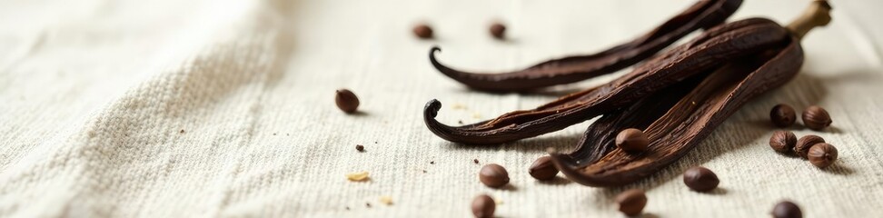 Vanilla pods and seeds scattered on a linen tablecloth, organic, textile, isolated