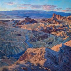 Captivating Desert Landscape at Dusk with Warm Hues and Distant Mountains