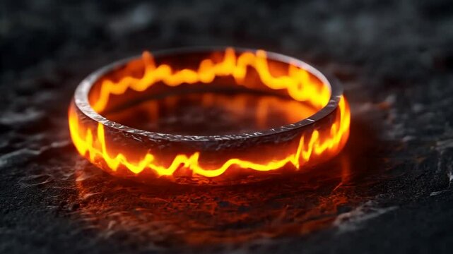 An illuminated, glowing fantasy ring with elvish runes sits on a dark, textured surface.