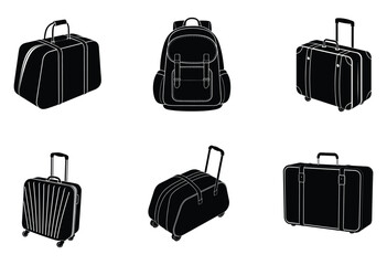 Set of black and white suitcases silhouette on white background