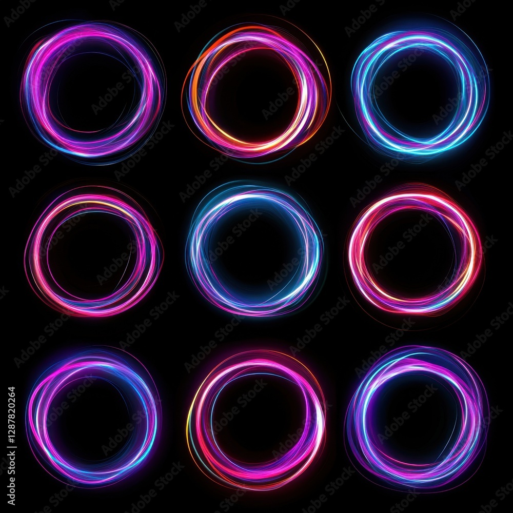 Poster nine luminous circles with vibrant neon glow on black background creating an abstract futuristic des