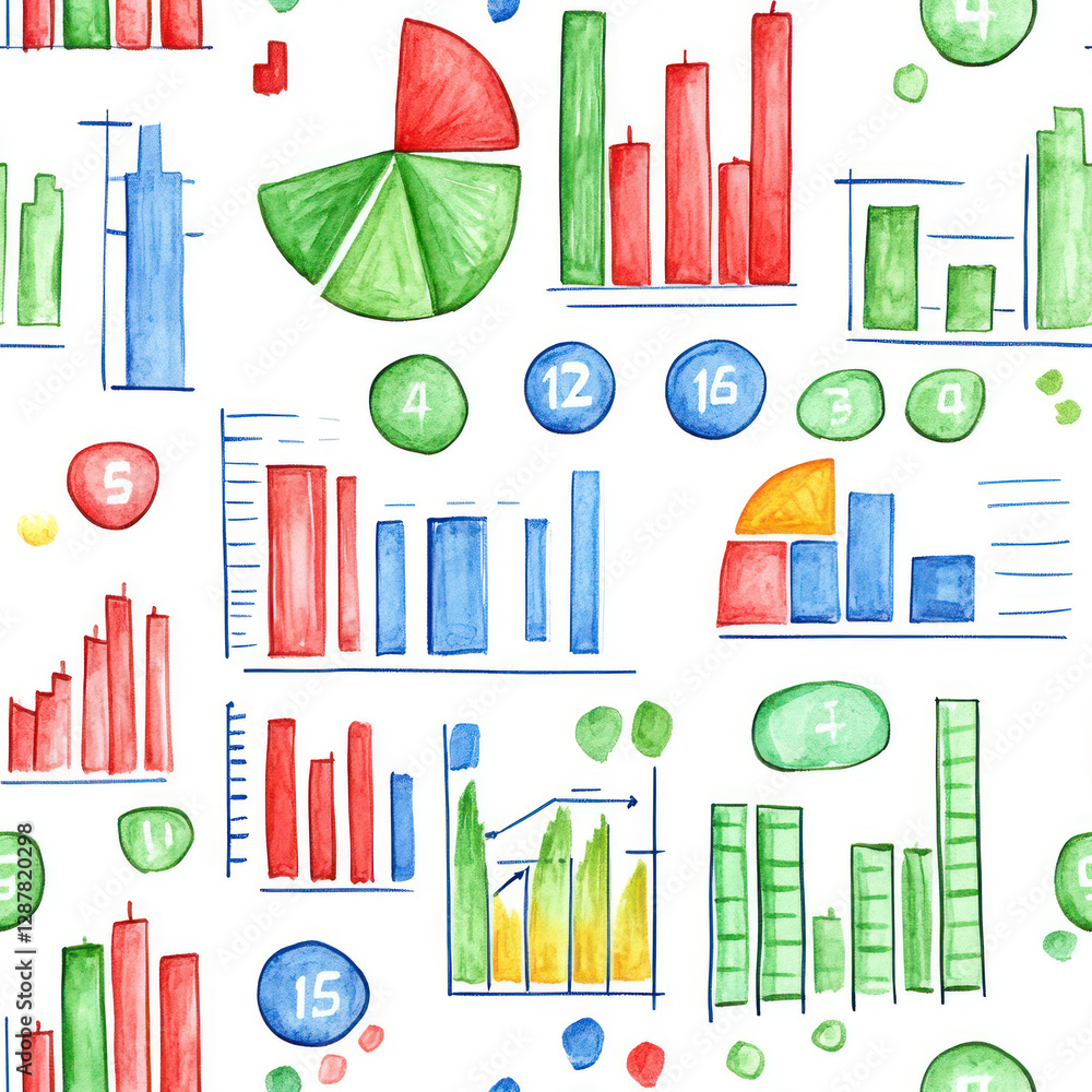 Poster hand-painted charts and graphs pattern over white. different colored watercolor data visualizations
