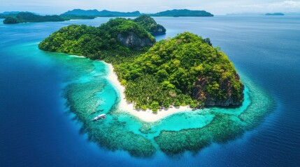 Stunning aerial view of a tropical island surrounded by turquoise waters and lush greenery in a serene environment