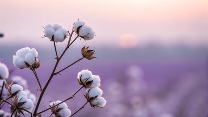 Serene Cotton Field at Sunset: Delicate cotton blossoms sway gently in the breeze against the backdrop of a soft, pastel-colored sunset.