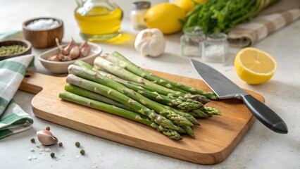 Asparagus Feast: A fresh display of asparagus spears, artfully arranged alongside kitchen essentials like olive oil, lemon, garlic, and sea salt, evoking culinary inspiration and healthy eating.