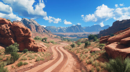 Fototapeta premium Majestic Desert Oasis Amidst Rocky Giants. A winding path stretches through a sun-drenched desert valley, where green shrubs contrast with towering mesas and distant peaks under a vibrant