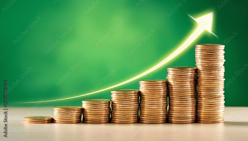 Poster a visual representation of a rising trend in finances, featuring stacked coins and an upward arrow a