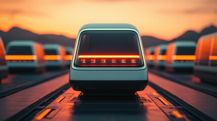 A transport vehicle illuminated by sunset, showcasing modern design and innovation on a sleek track.