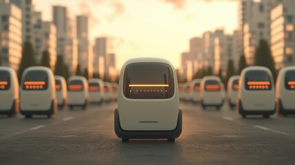 Fototapeta premium Autonomous vehicles lining a city street at sunset, showcasing modern transport innovation and urban design.