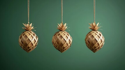 Woven pineapple ornaments hang, green backdrop