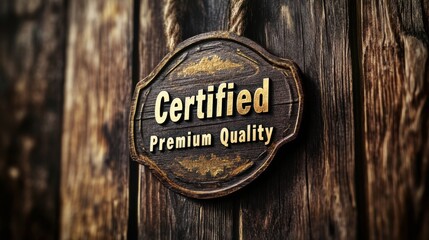 Certified premium quality sign displayed on a rustic wooden wall at a local market in the afternoon light