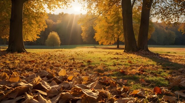 A picturesque autumn meadow bathed in soft golden light, fallen leaves carpeting the ground, evoking a sense of change and quiet contemplation.

