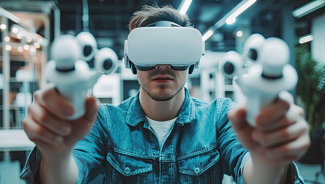 Man in VR Headset Playing Immersive Virtual Reality Game