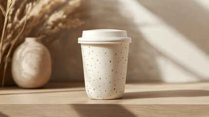 Speckled White Coffee Cup on Wooden Table in Sunlight