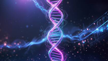 Futuristic DNA strand surrounded by binary code and circuits