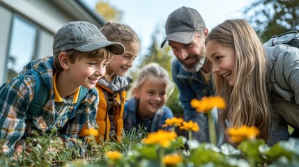 Family enjoying gardening together in their backyard lifestyle photo bright atmosphere
