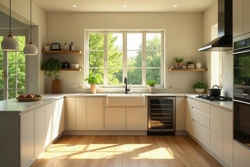 Bright and airy kitchen design with natural light streaming through large windows, showcasing modern cabinetry, and sleek appliances, creating a serene and inviting atmosphere.