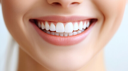 Fototapeta premium close up of smiling mouth with complete set of white teeth, showing pink lip expression against soft background